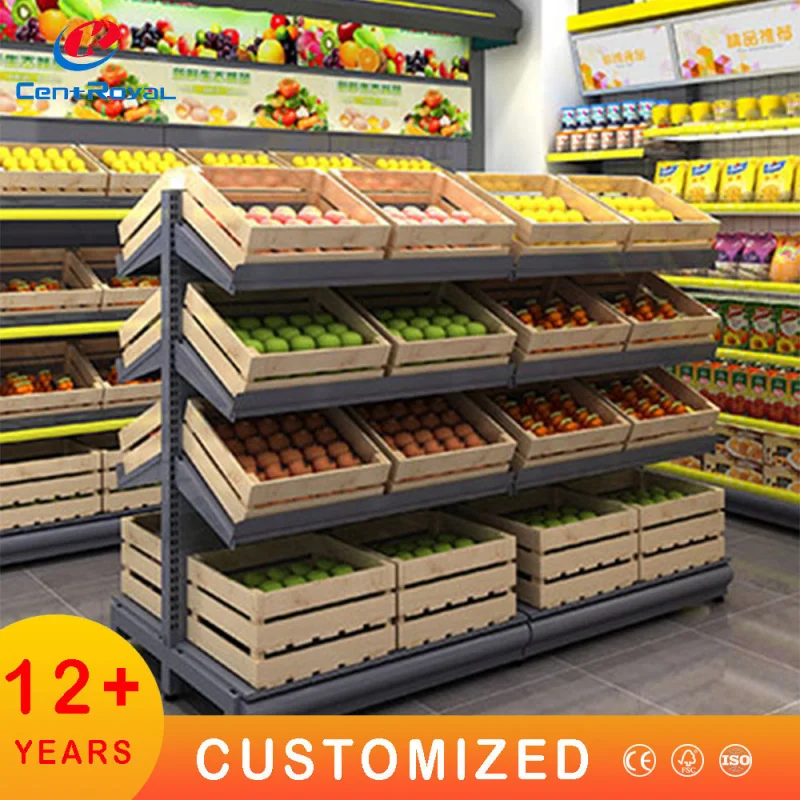 custom.Metal Wood Basket Supermarket Shelf Fruit Vegetable Display Rack Snack Candy Store Bread Display Rack Food Display Stand
