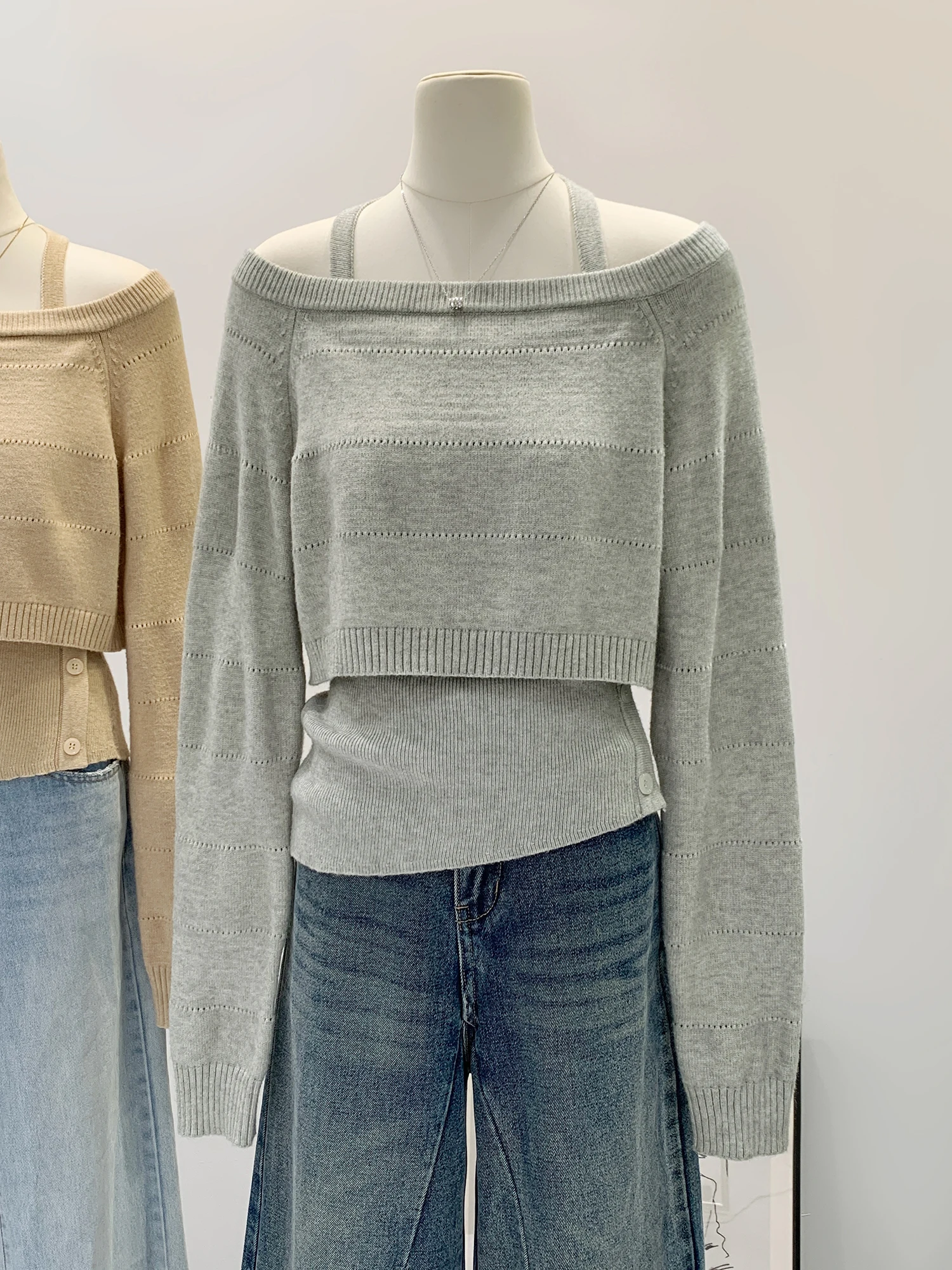 Korean Style Soft Shoulder Baring Knitted Two-Piece Set Women's Autumn Winter Casual Comfortable Long Sleeve Polyester Blend
