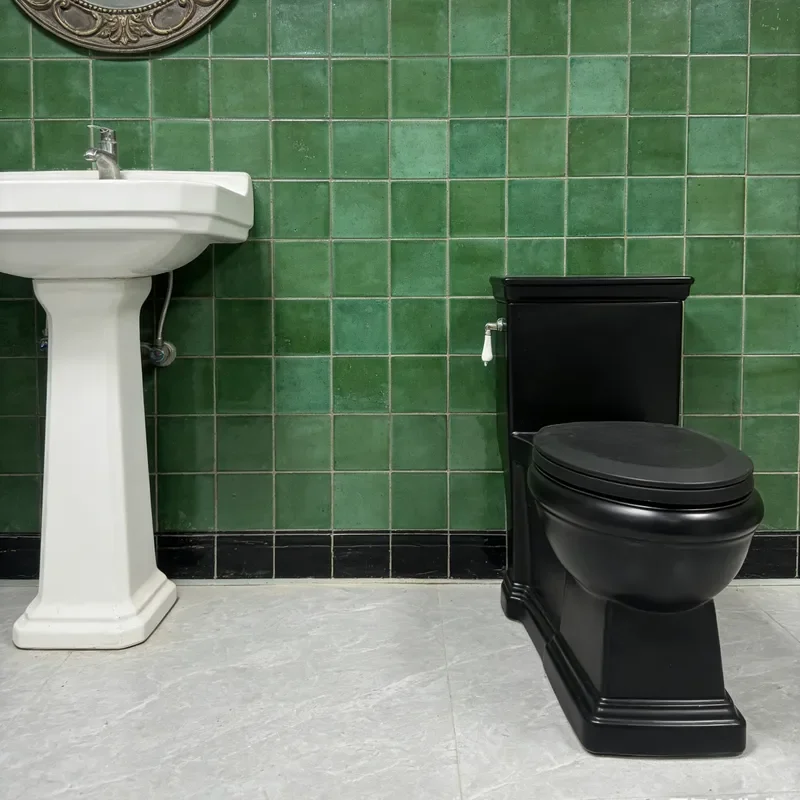 Vintage French Style One Piece Toilet with Solid Wood Seat American Retro Black Ceramic Bathroom Fixture All Copper Side