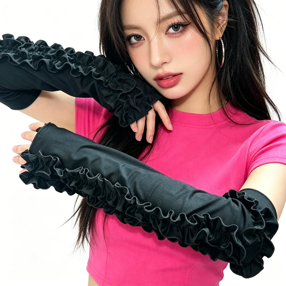 女性用ラッフルアームウォーマー、フィンガーレスグローブ、折りたたみ式エルボー丈スリーブ、y2k風、可愛いロリータ風オーバースリーブカフスカバー