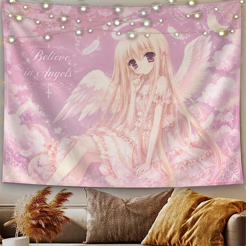 Cute Anime Angel Tapestry Wall Hanging,Pink Lace Cloud Moon Wing Girl Manga Pattern Backdrop for Dorm Apartment Photo Wall Decor