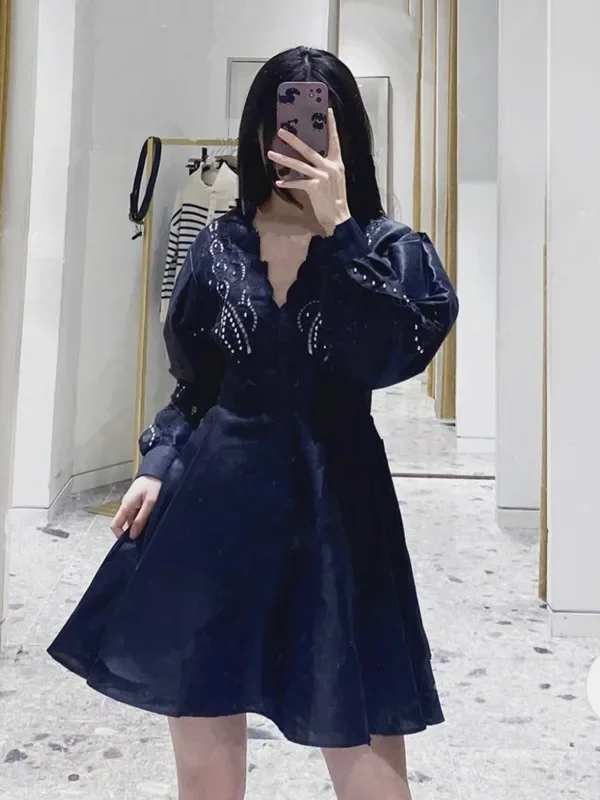 

Women Beaded Black Dress Embroidery Hollow Out V-Neck Long Sleeve Elegant Summer 2024 Mini Robe