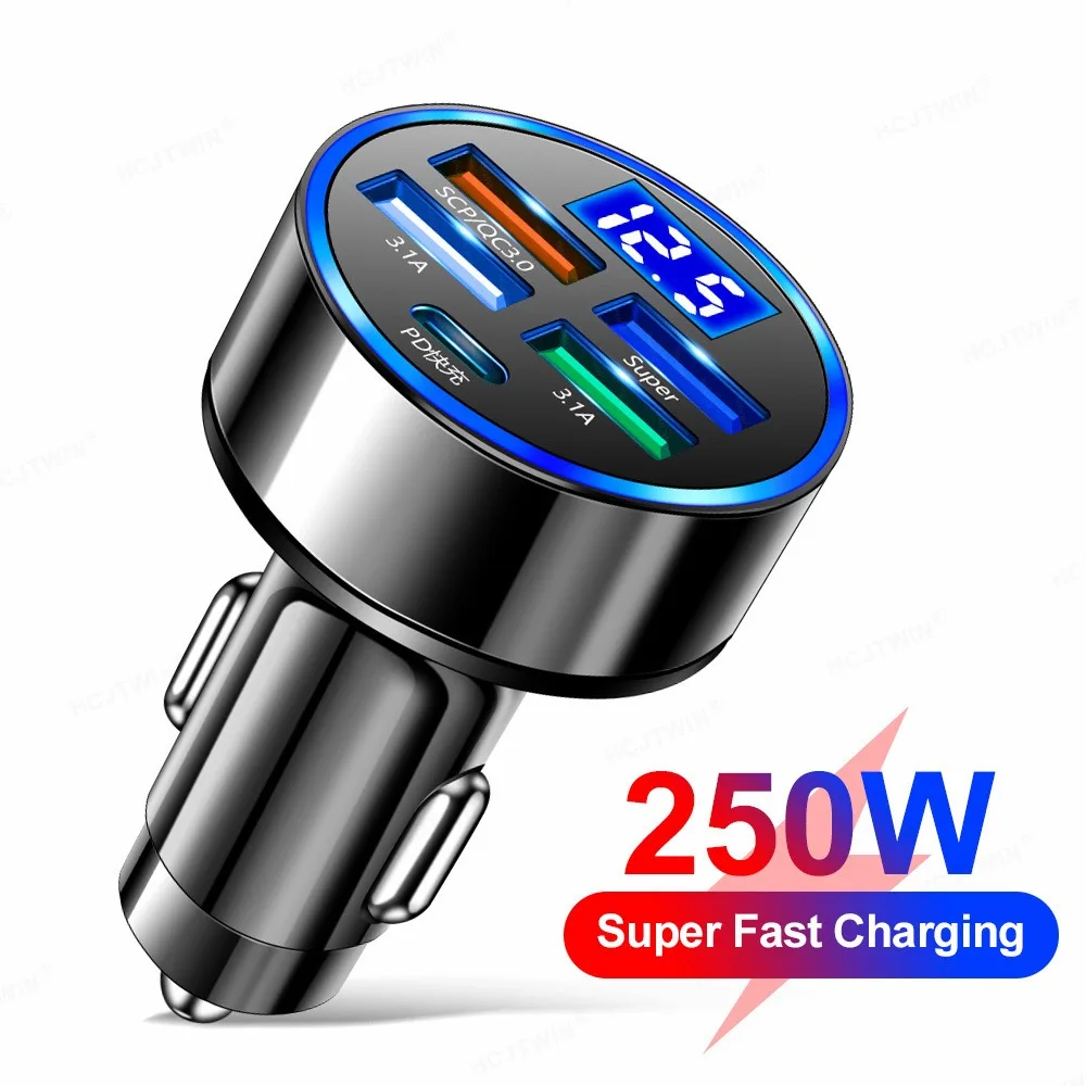 

250W Car Charger Fast Charging Type C PD QC3.0 USB Phone Adapter in Car For iPhone 13 Pro Xiaomi Huawei Samsung Quick Charger