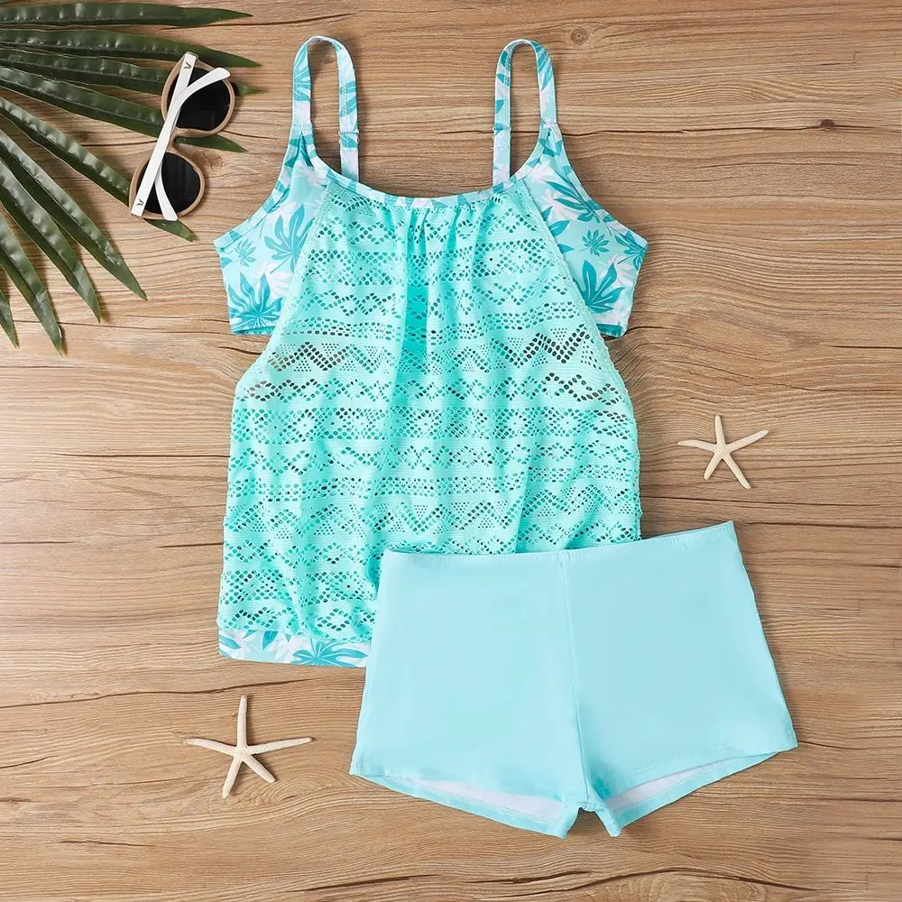 

Ins Flower Sleeveless Swimsuit Plus Size Beachwear Two Pieces Swimwear Hollow Out Camisole Shorts Swimming Pool