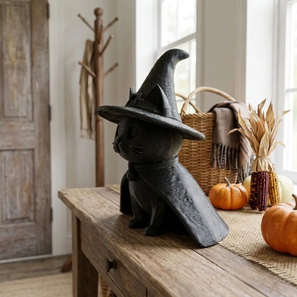Dark Style 3D Printed Hat Cat Ornament Creative Gothic Style Witch Cat Figurine Plastic Funny Witch Hat Ornament Desk Decor