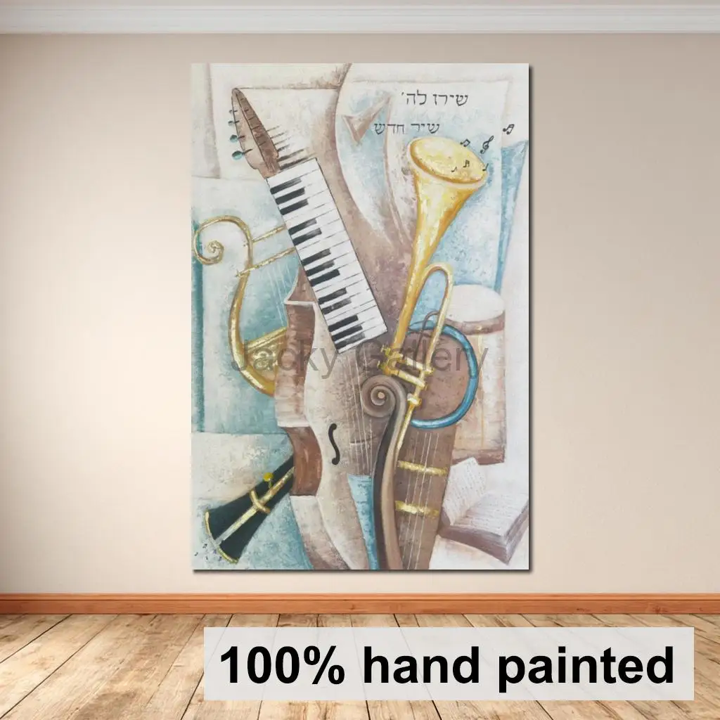 Hand Painted Abstract Jazz Music Oil Painting Modern Musician Wall Art Contemporary Canvas Decor Jewish Home Decor Gold
