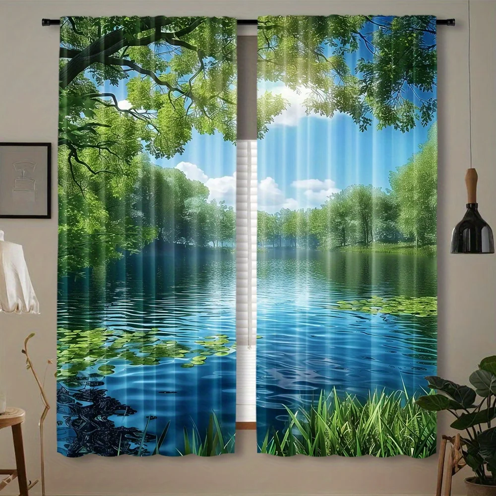 2 Pieces Lush River Scenery Landscape Curtains Decorative Rod Pocket Window Treatments for Bedroom Living Room Home Decoration