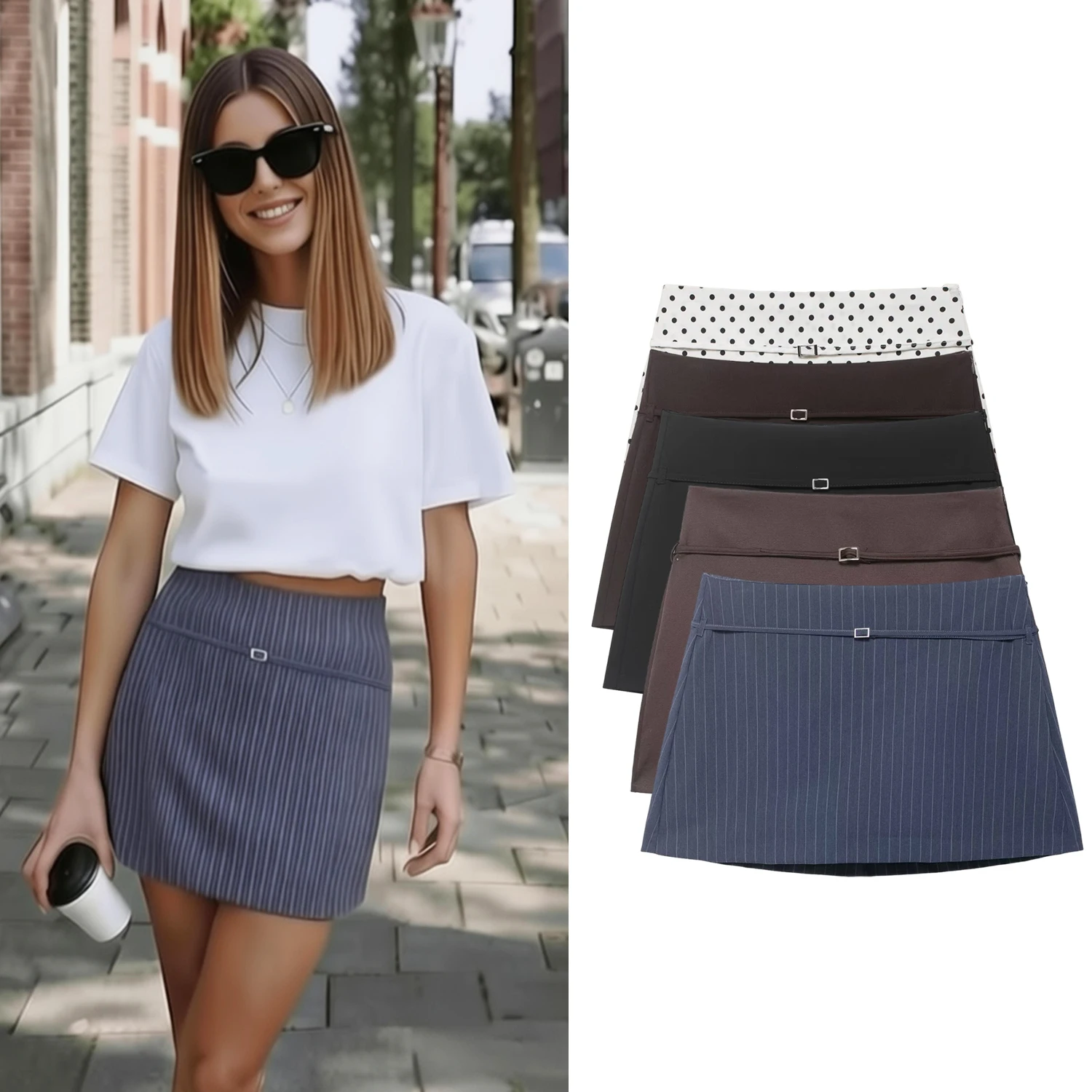 Women's Casual A-line Skirts Spring Summer Female Side Zipper Slim Short Skirt With Belt Lady Fashion Holiday Mini Half Skirts