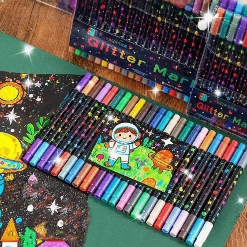 24Colors Double-Headed Glitter Pens Fast-Drying Ink Colorful Marker Pens Set Water-Based Dual-Tip Fine Brush Pens Journaling