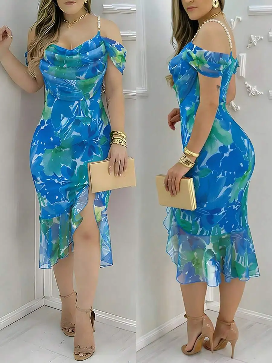 

Elegant Watercolor Floral Print Mesh Ruffle Hem Off Shoulder Pearl Strap Bodycon Dress For Party Holiday
