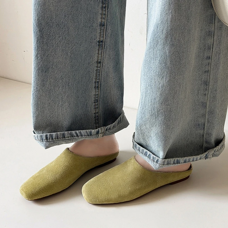NEW Summer/Spring Women Mules Cow Suede Leather Shoes Women Round Toe Low Heel Shoes Cover Toe Slip-on Sandals Casual Slippers