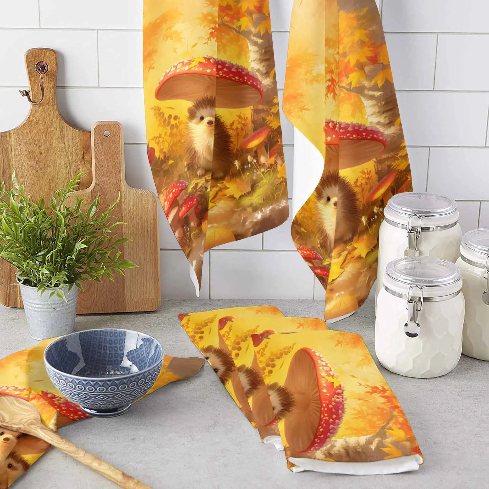 Autumn Forest Mushroom Maple Leaf Hedgehog Towel Set Cleaning Cloth Kitchen Accessories Dish Washing Cloth Household