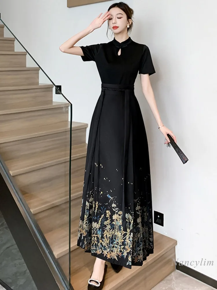 New Chinese Style Horse-Face Skirt Suit Women's 2024 Summer Two Piece Suits New Small Daily Improved Hanfu Black Tshirt Skirts