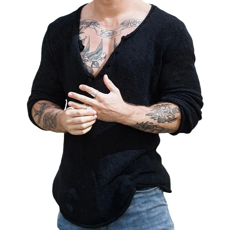 Autumn New Pullovers Knitted Sweater Men V-Neck Streetwear Solid Casual Loose Male Simplicity Slim Fit Long Sleeve Thin Sweater
