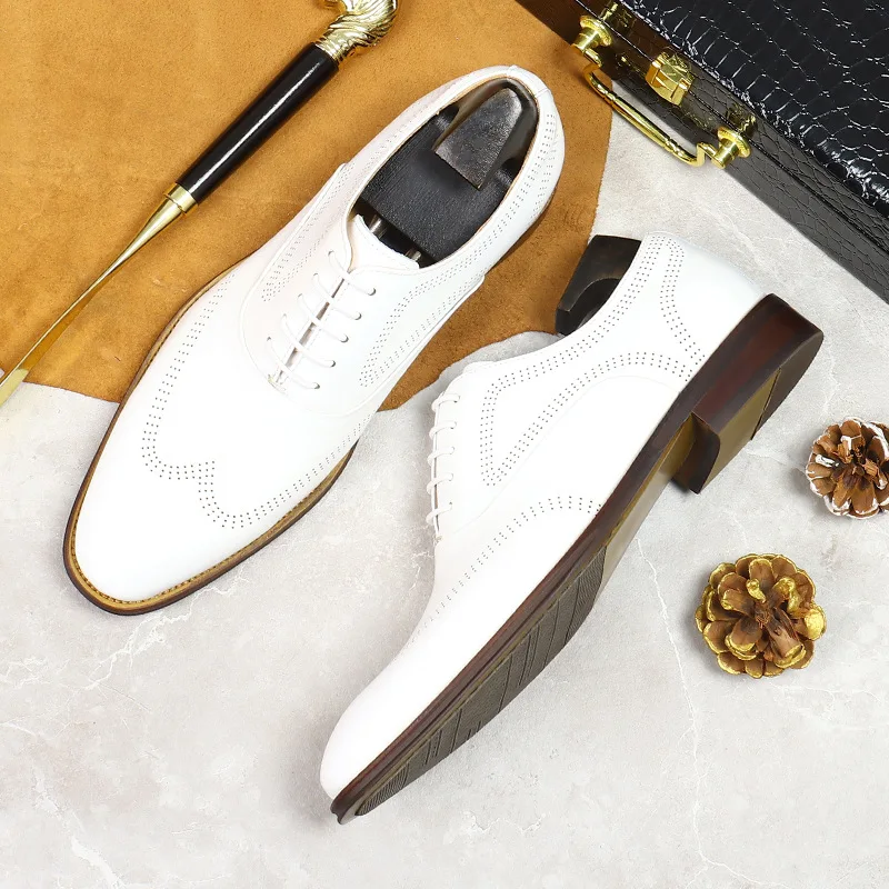 

Genuine Leather Men's Shoes White Beige Color Wedding Shoes Retro Pointed Toe Lace Up Cowhide Shoes Fashion Trendy Dress Shoes