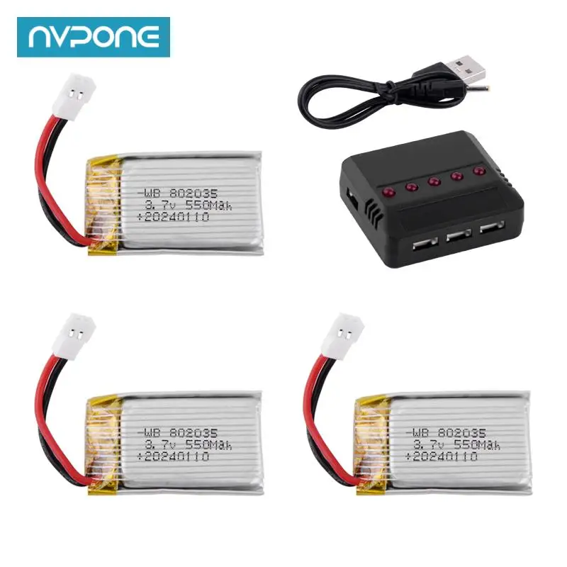 3.7V 550mAh Lipo Battery For X4 H107 H31 KY101 E33C E33 U816A V252 H6C RC Drone Spare Parts 3.7v 802035 Battery Charger Set