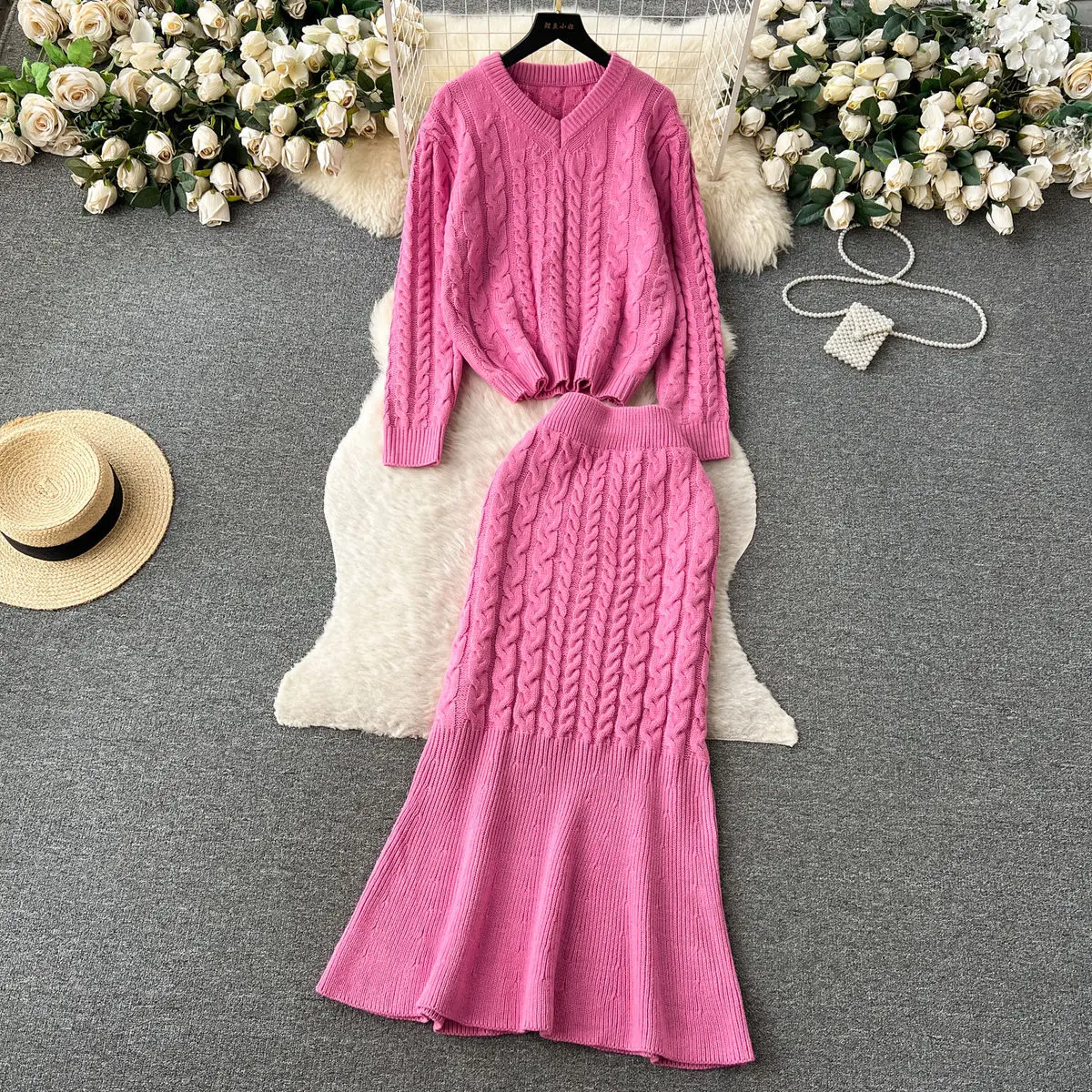 Winter Women's Knitted Skirt Suit Fashion Retro Twist Knit V-neck Long-sleeved Jumper High-waisted Slim Fishtail Skirt 2pcs Set