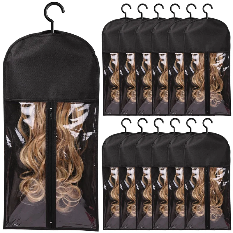 

Long Hair Extensions Storage Bag Non-Woven Dust Proof Wigs Carrier Bags With Plastic Hanger For Home Salon Organizer Pink/Black