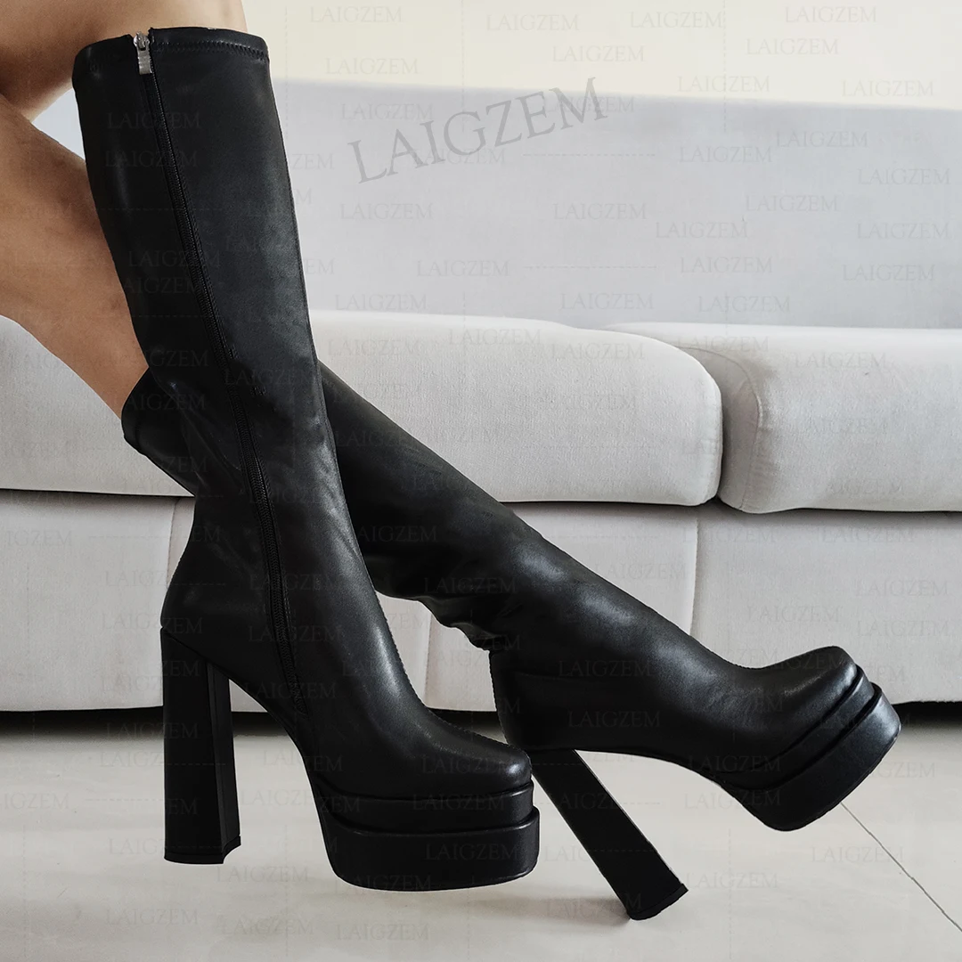 LAIGZEM Women Knee High Boots Side Zip Up Platform Block Thick High Heels Faux Leather Unisex Shoes Woman Big Size 35 38 42 43