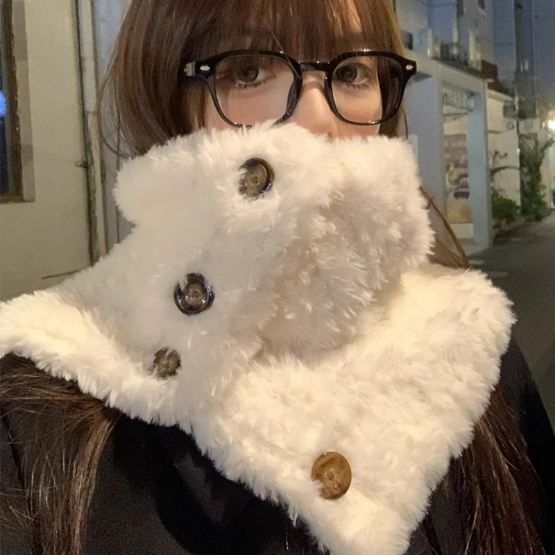 Fashion Thick Neck Warmer Button Scarf Fake Collar Pullover Shawl Korean Winter Fashion Knitted Plush Women Sweet Neckerchief