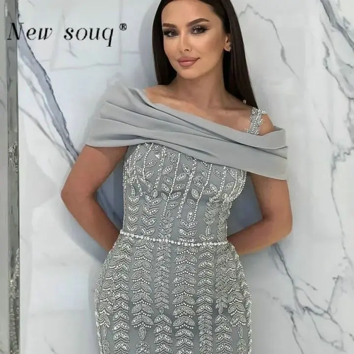 Arabic Elegant Long Silver Evening Dresses for Women Customized Formal Beaded Party Gowns with Slit Vestidos Wedding Guest Wear