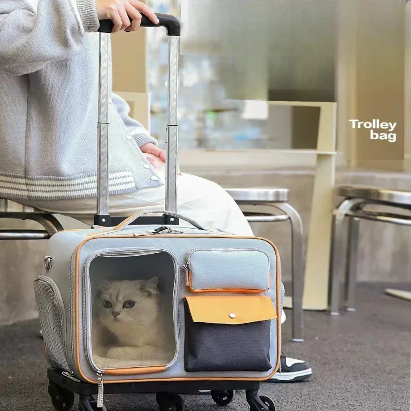 Cat Carrier Bag Pet Trolley Case Small Dog Luggage Bags Portable Cat Backpack Pushable Shoulder/portable/diagonal Bag Detachable