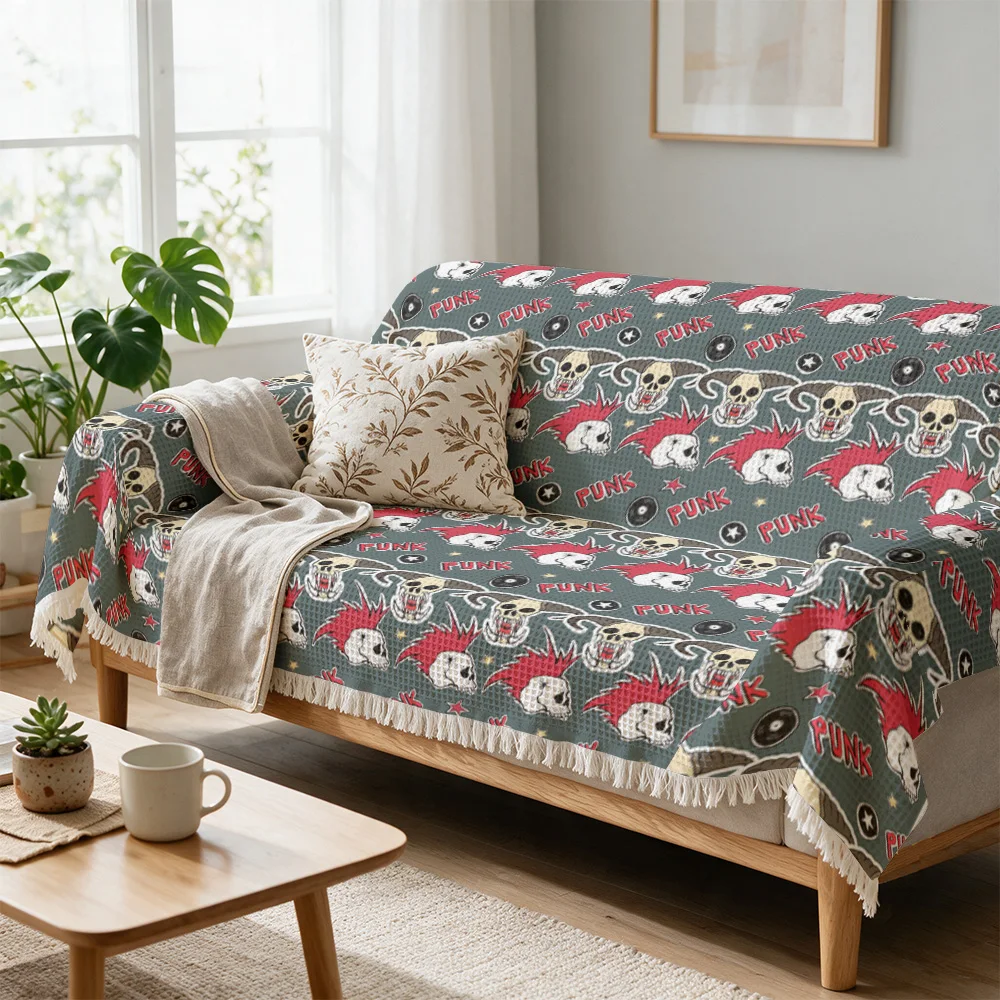 Novelty Skull Print Punk Rock Throw Blanket Couch Cover Bedspread Boho Gothic Grunge Decor for Sofa Bedding Home Accent