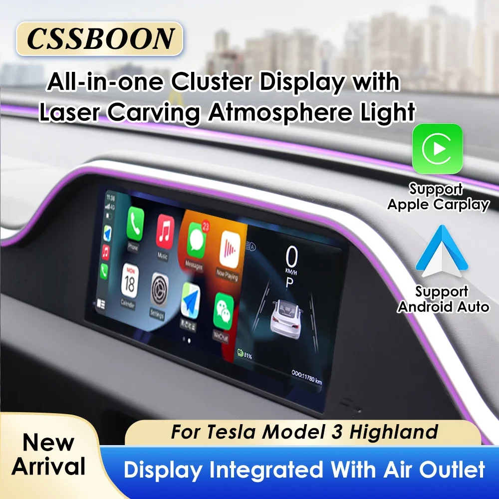 CSSBOON Embedded Instrument Cluster 8.9-inch Display for Tesla Model 3 Highland 2023-2025 Laser Ambient Light Support Carplay