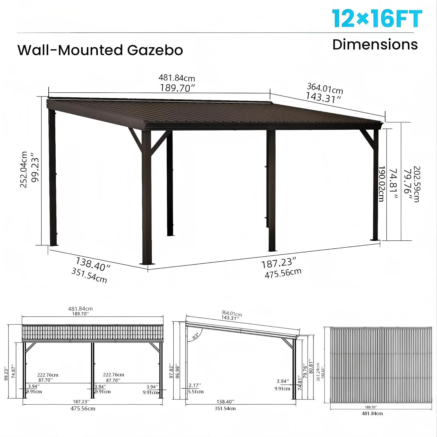 ！@12 X 16 FT Lean to Gazebo, Wall Mounted Gazebo with Built-in Drainage, Galvanized Steel Roof, Hardtop Patio, Brown view 3