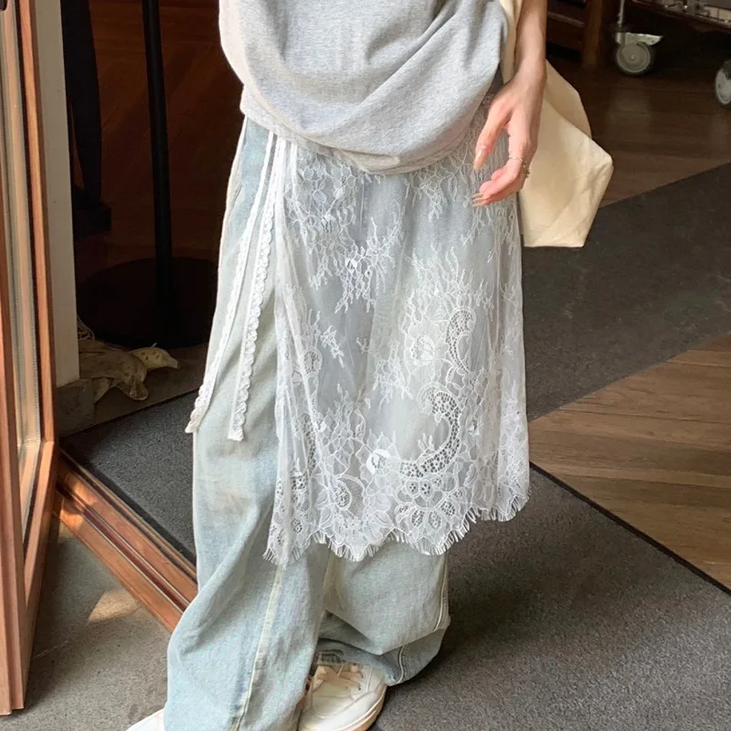 

Midi Skirts Women Lace Drawstring Design Elegant Korean Style Spring Summer A-line High Waist Irregular Side Slit Fashion Street