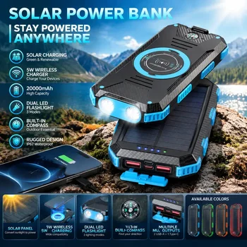 Wireless Charging Solar Power Bank 10000mAh High Power LED Flashlight Compass Mobile…