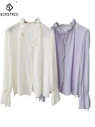 BirdTree, 100%Real Silk Elegant Shirts, Women Long Sleeve Ruffles, Commute Retro Simple Blouse, 2026 Spring Summer New T45724QM