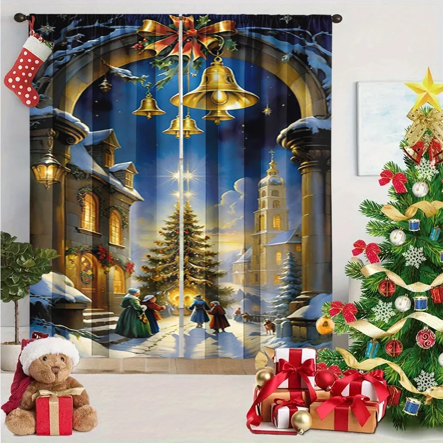 2PCS Christmas Winter Curtains, Christmas Street Scene Bell Arch Church Snow, Digital Print, Bedroom Living Room, Home Decor