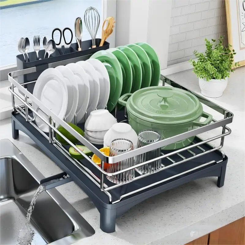 

304 Stainless Steel Single Tier Dish Drainer Rack-Heavy-DutySpace-Saving Kitchen Accessories with Utensil Holder&Drain Tray
