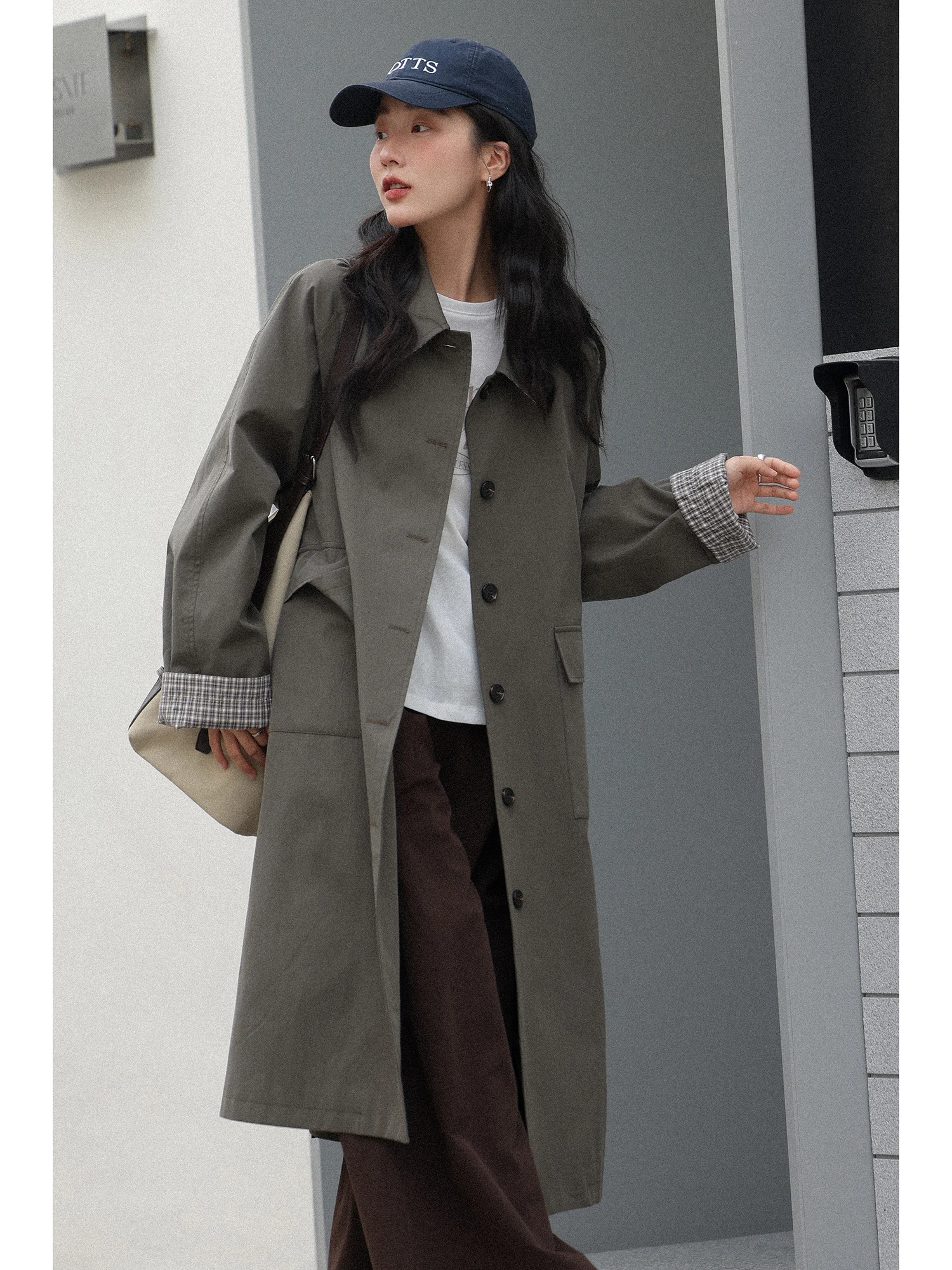 

i een Long Women's Coat Spring 2026 New Briti Sle Casual Small Taller Aosphere Coat Breathable Long Sve Flip Co...