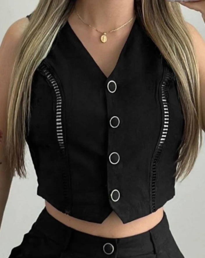 New Fashion 2024 Summer Casual Sexy Elegant Hollow Out Buttoned Vest Top & Shorts Set Womens Two Piece Sets Outfit