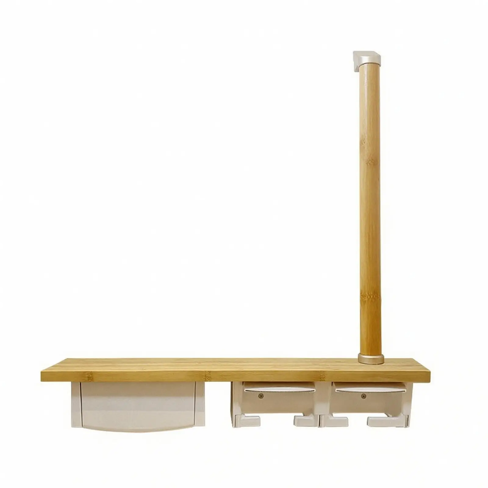 Bamboo Wood Bathroom Tissue Holder with Storage Shelf and Safety Handrail Wall Mounted Toilet Paper Organizer for Modern