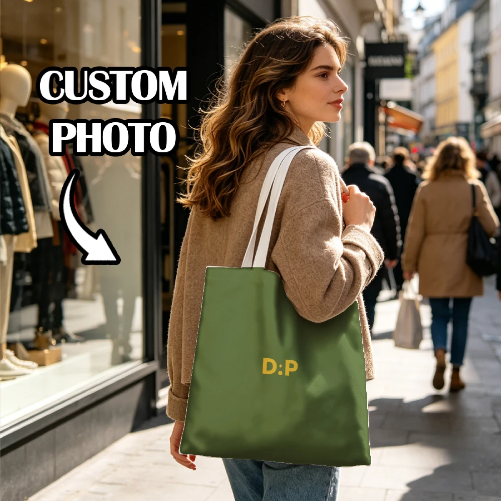 Customizable Photo Text Logo Print Tote Bag Durable Machine Washable Shoulder Bag Ideal for Travel Shopping And Work Sturdy Hand