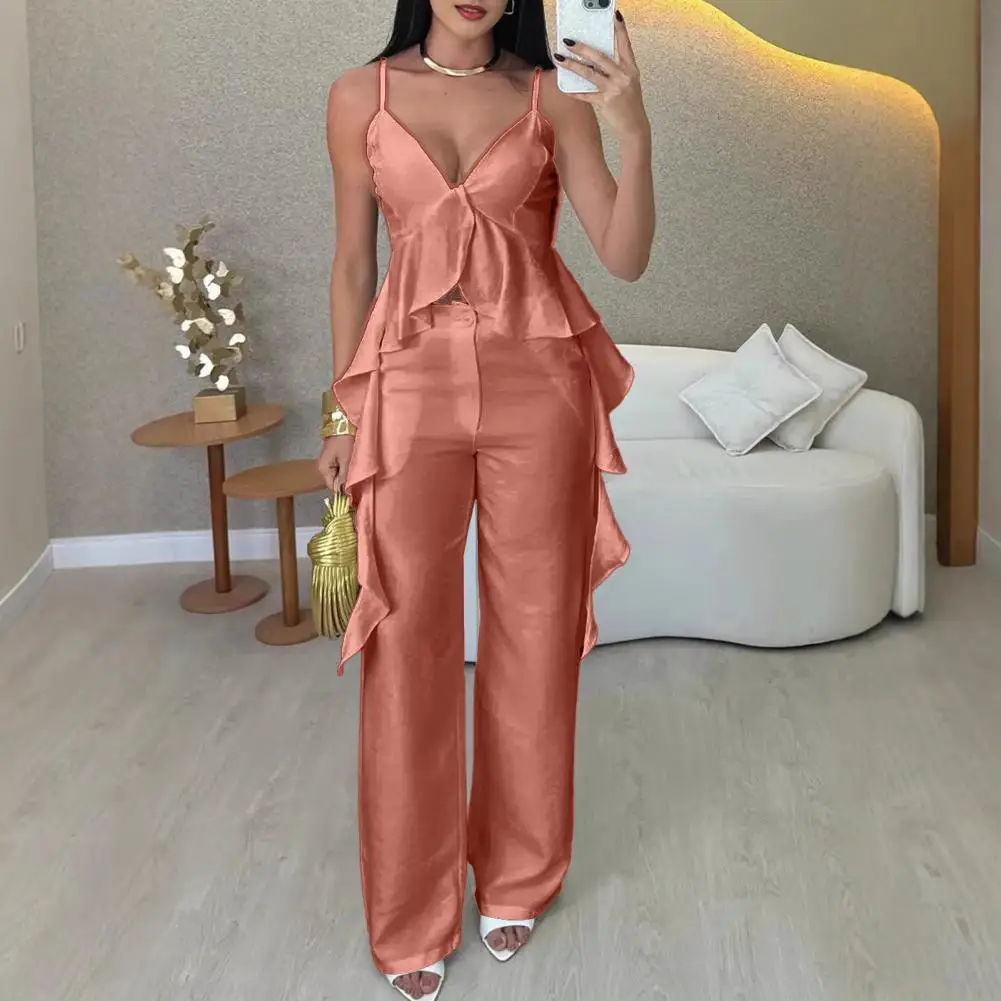 

Women Polyester Suit Set Polyester Suit for Women Stylish Women's V-neck Top Pants Set for Office Party Wear Ruffled Camisole