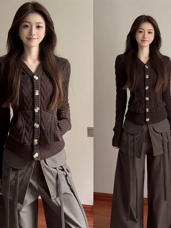 

Korean Sle Knitted Spiral Design Women's Cardigan Slim Fit Inner Wear Outer Wear Capable Long Sve Sweater Coat