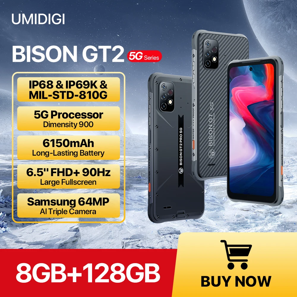 UMIDIGI BISON GT2 5G IP68 Прочный смартфон на базе Android Размер 900 6,5 "FHD + 64 МП Тройная камера 6150 мАч Сотовый аккумулятор