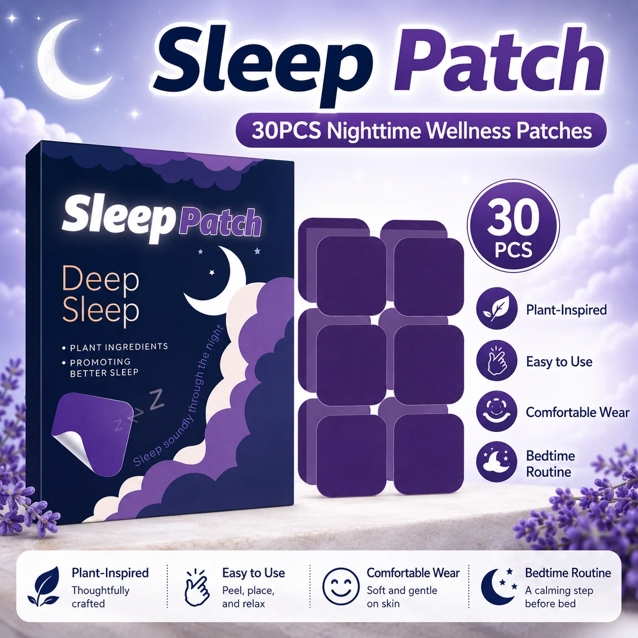 30PCS Sleep Patch Nighttime Wellness Patch Plant-Inspired Comfortable Night Patch for Bedtime Routine Travel Home
