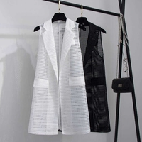 Spring Summer Hollow Out Eyelet Vest Woman Sleeveless Jacket Cardigan Korean Style Fashion Ladies Black White Long Vest Coat