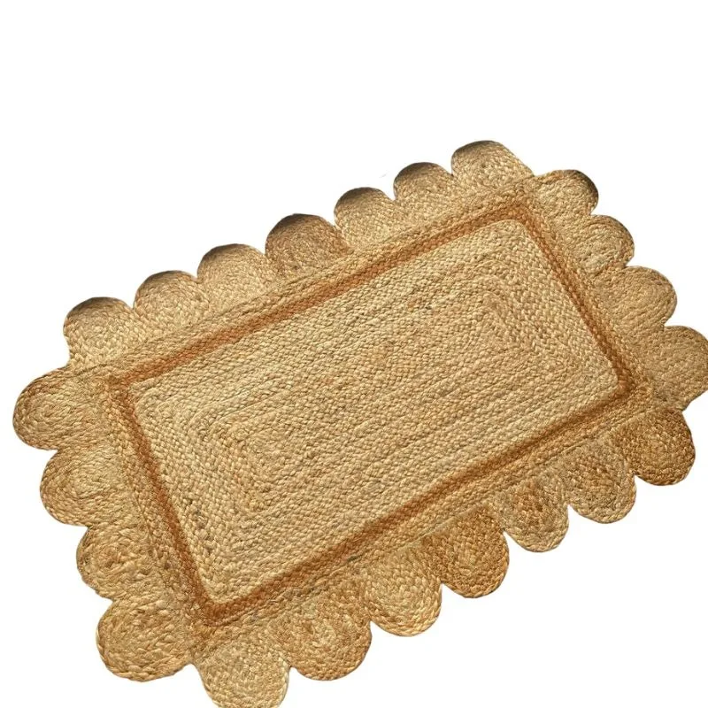 Jute Rug Scallop Edge Handmade Area Jute Rug Modern Room Mat Rectangle Carpet