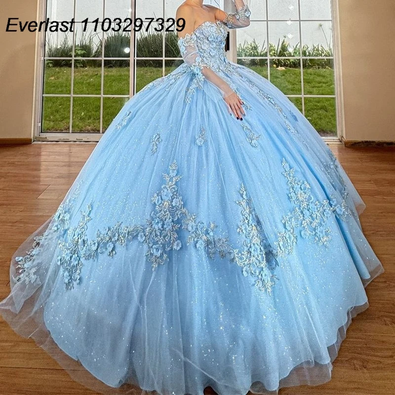 

EVLAST Mexican Blue Quinceanera Dress Ball Gown Floral Lace Applique Beaded Crystal Corset Sweet 16 Vestido De 15 Anos QD1033