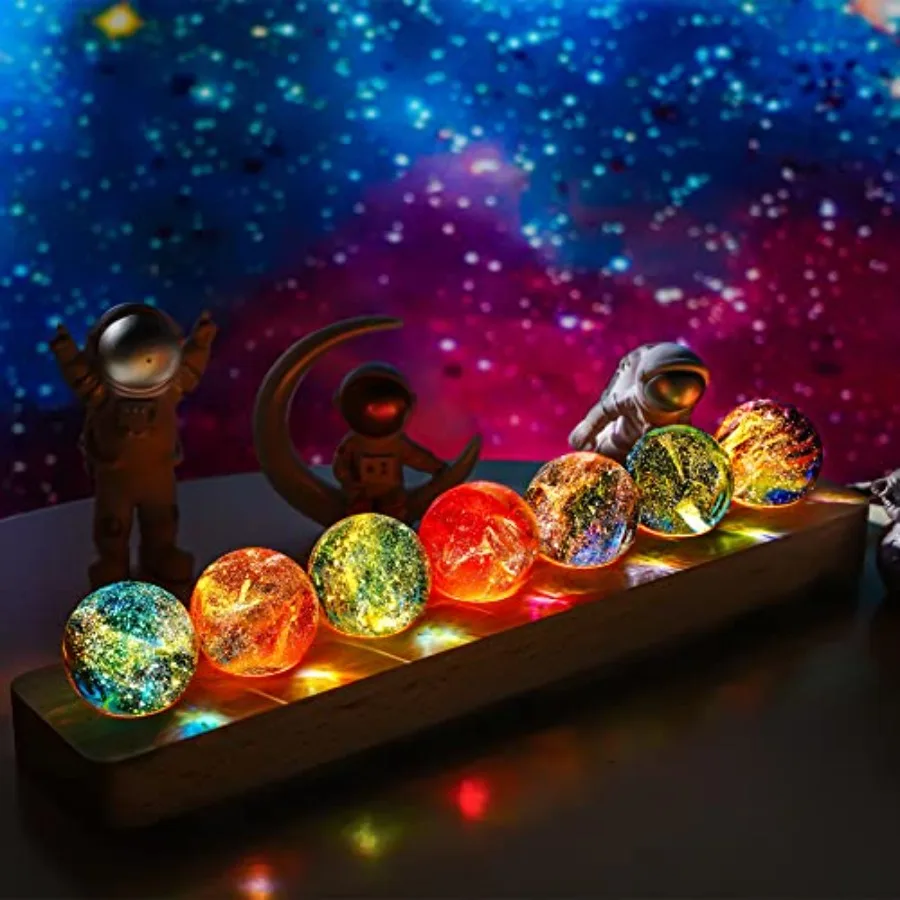 7 Chakra Natural Healing Spheres with LED Wooden Stand 40mm Crystal Quartz Stones for Meditation Positive Energy Night Light De