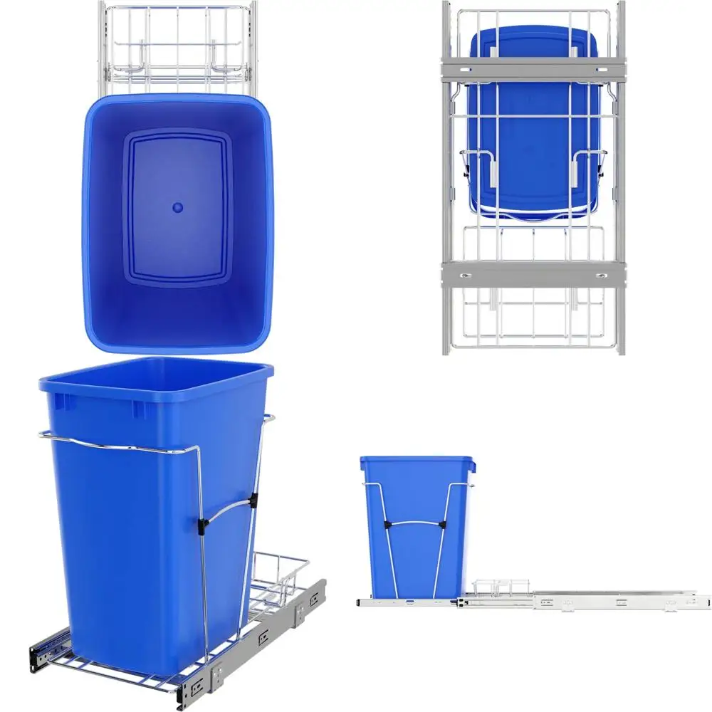 

35 Qt Pullout Trash Can with Full Extension Slides, Blue, Kitchen Cabinet Compatible