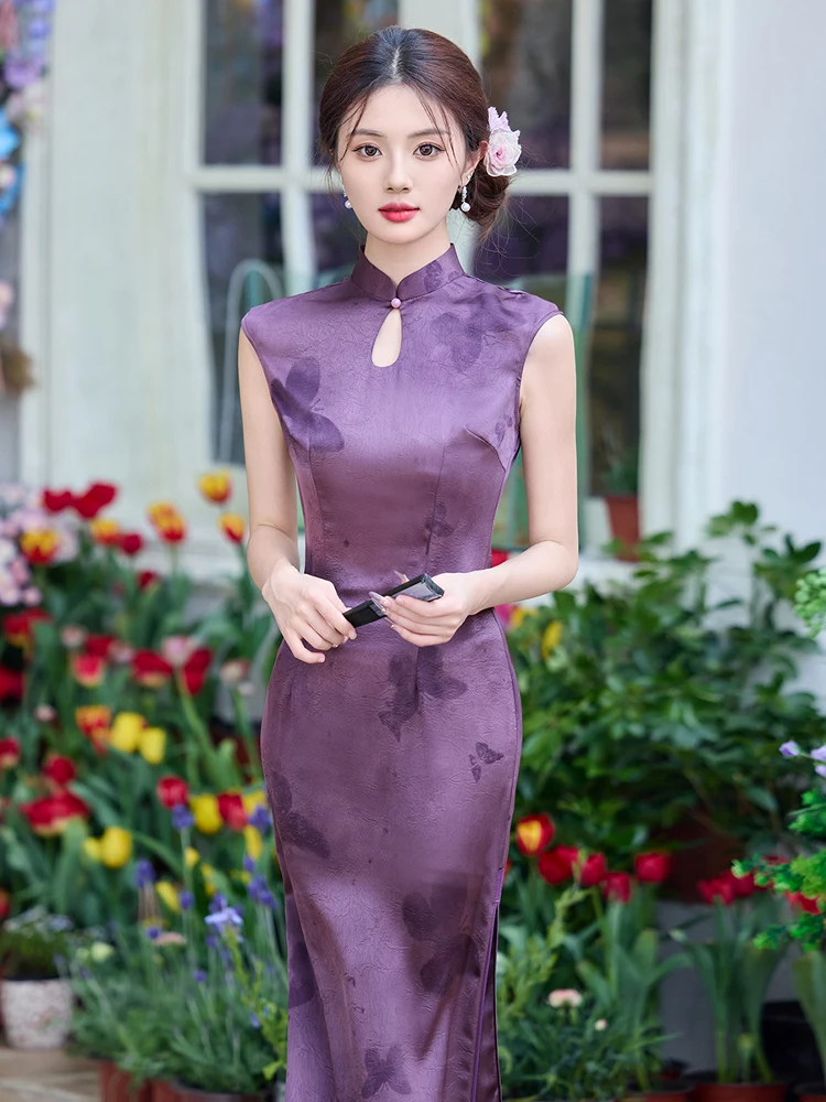

Purple Svel Long Qipao Dr Beautiful Sexy New Chinese Sle Summer 2025 No Sve Girl Ele Faionable