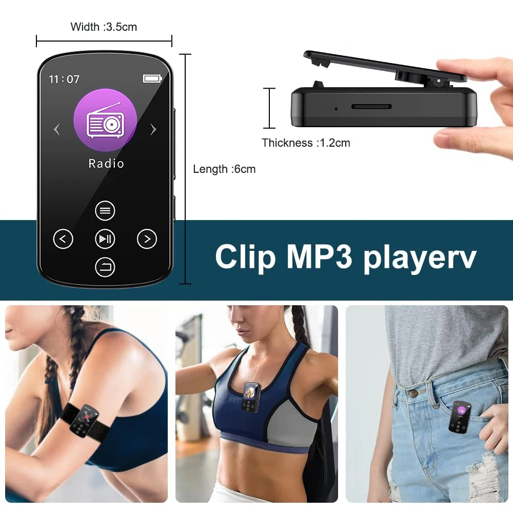 Lecteur MP3 Bluetooth de sport avec clip, 8 Go, 16 Go, mini lecteur de musique et vidéo, enregistreur FM, podomètre, livre électronique, carte TF et SD, nouveau