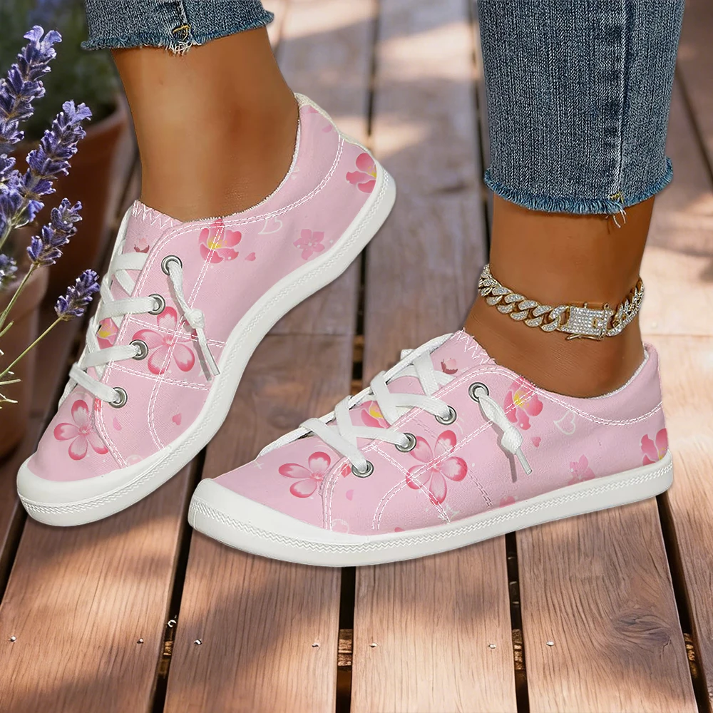 2026 Summer New Pink Cherry Blossom Canvas Shoes for Women, Fresh Floral Low-Top Casual Shoes, Slip-On Breathable Flat Shoes